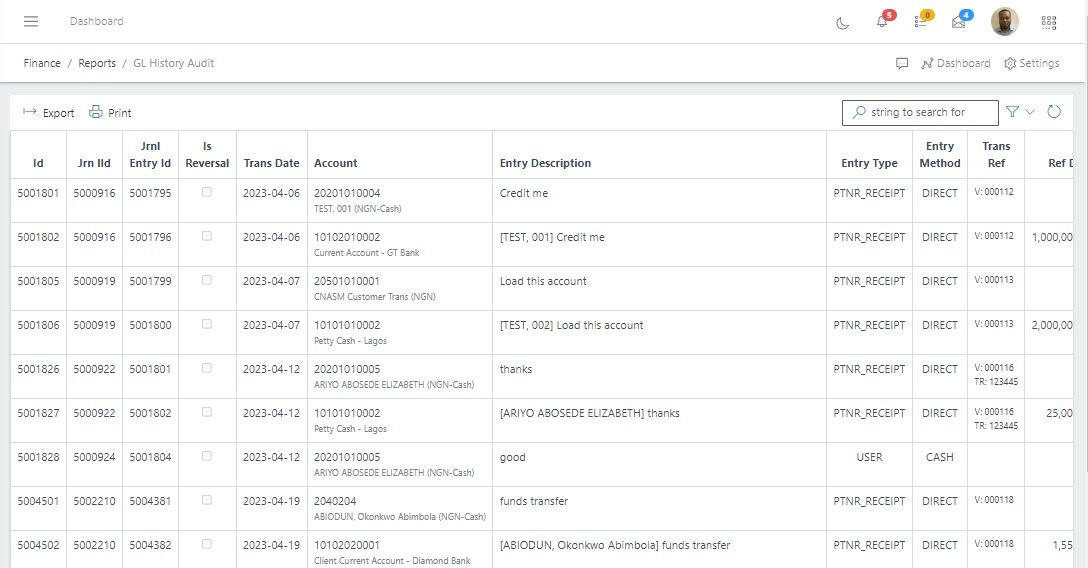 Image showing List of GL History Audit