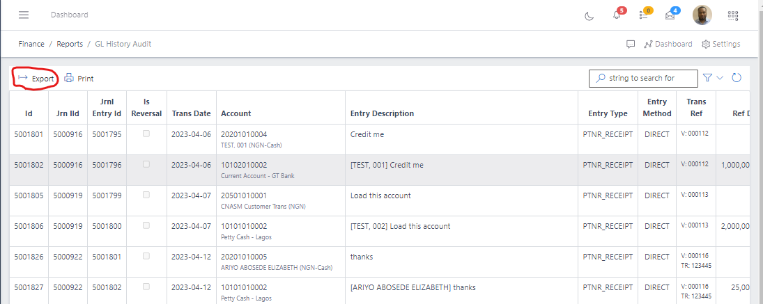 Image showing GL History Audit export button