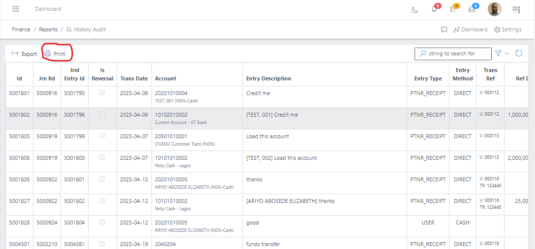 Image showing GL History Audit export button