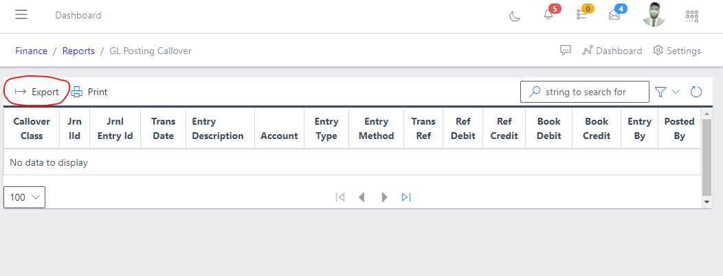 Image showing GL Posting CallOver export button