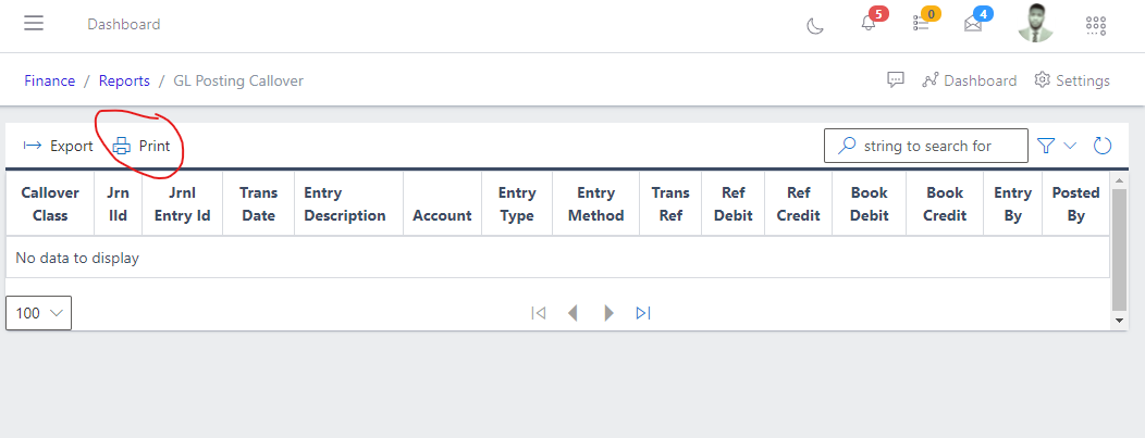 Image showing GL Posting CallOver export button