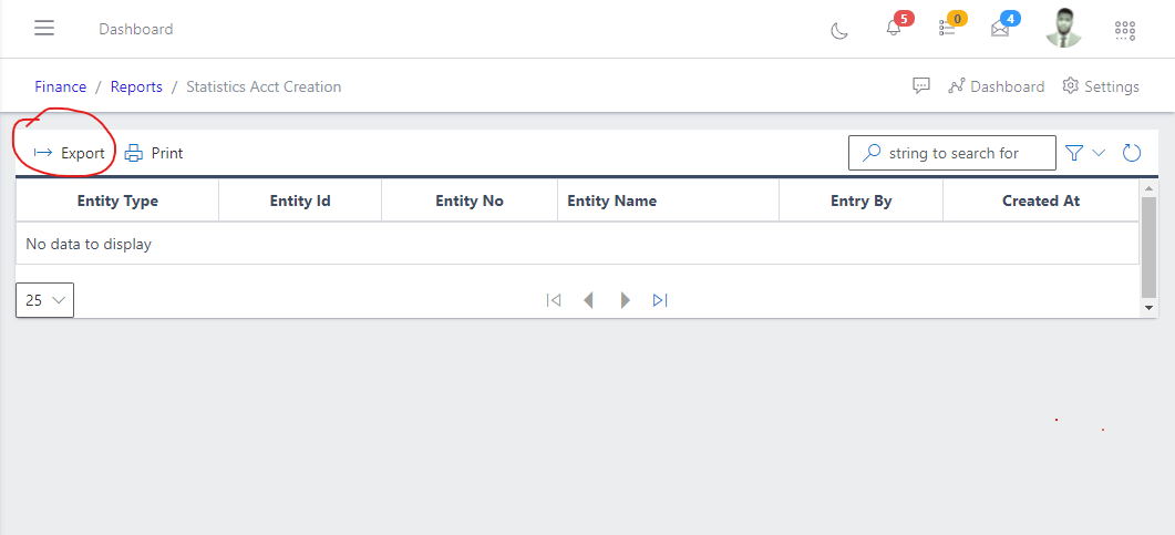 Image showing Statistics Account Creation CallOver export button