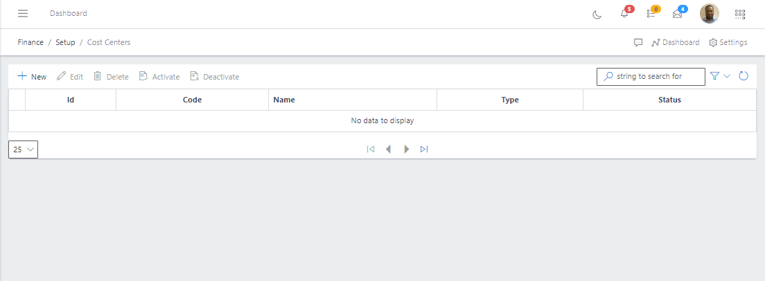 Image showing list view of Cost Centers