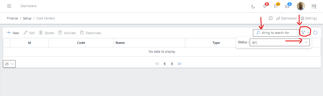 Image showing Search, filter button and filter options