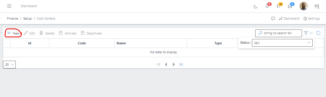 Fig 3.0 Clicking New Cost Center
