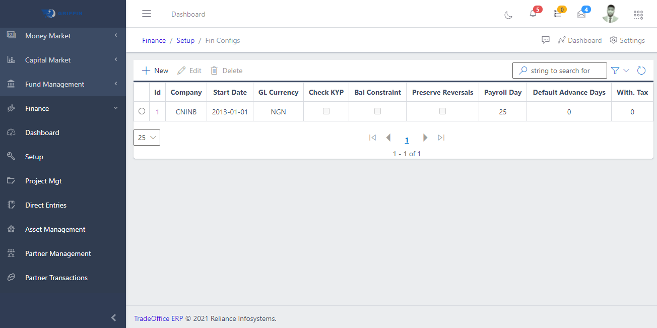 image showing financial configuration view