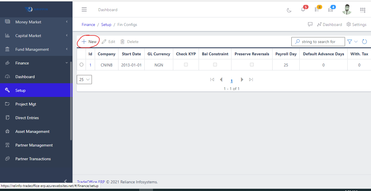 image showing financial configuration create button