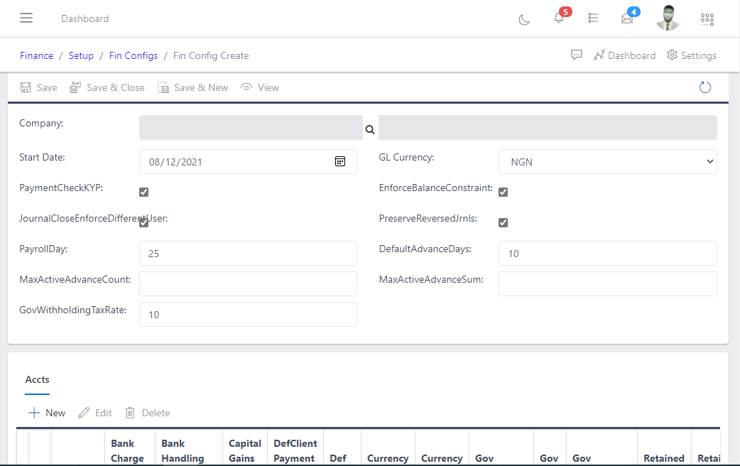 image showing financial configuration form