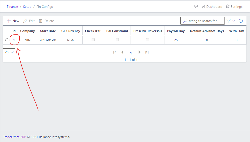 Image showing the Id of an existing financial configuration