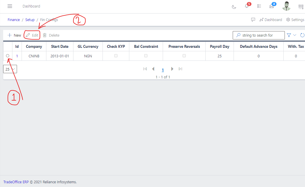 Image showing how to edit an existing financial configuraton 
