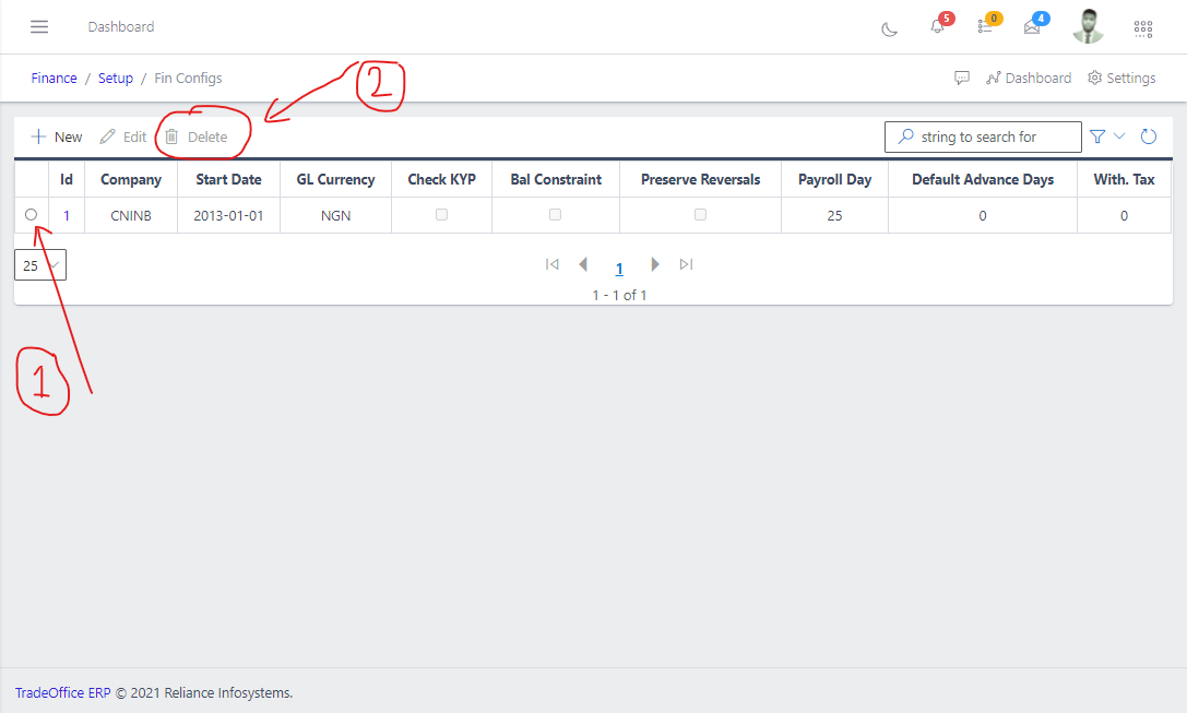 Image showing how to delete an existing financial configuration