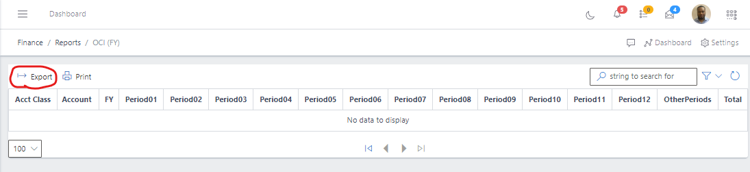Image showing OCI(FY) export button