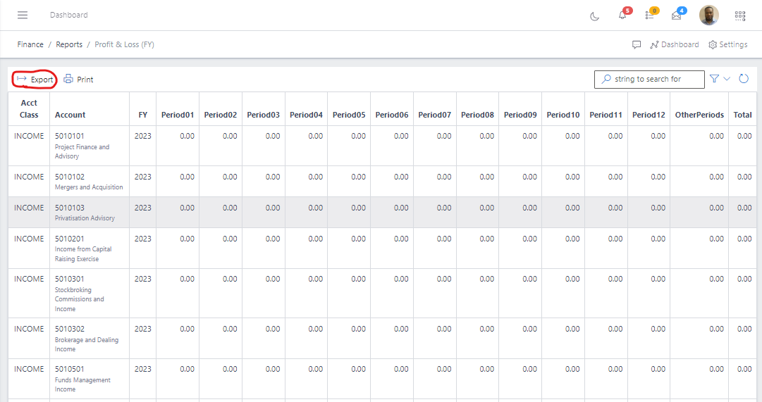 Image showing Profit & Loss(FY) export button