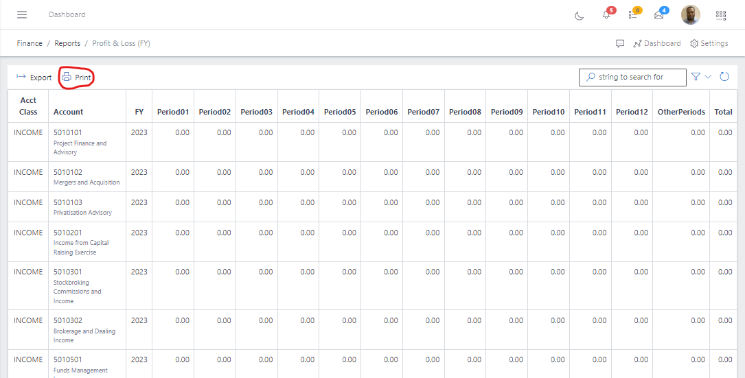 Image showing Profit & Loss(FY) export button