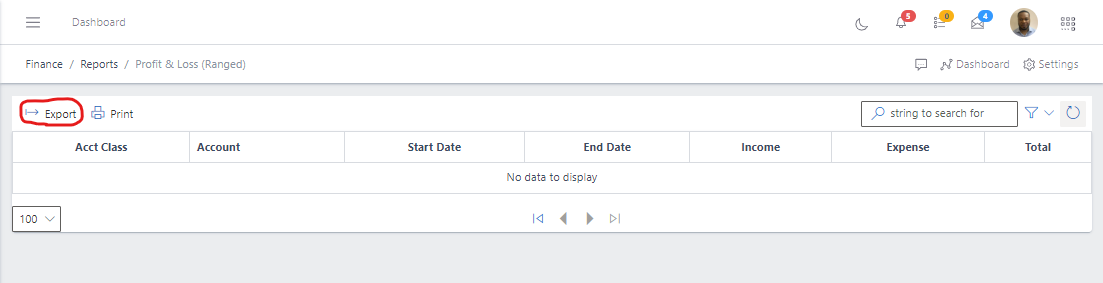 Image showing Profit & Loss(Ranged) export button
