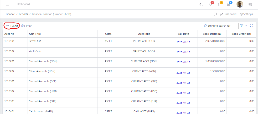 Image showing Financial Position export button