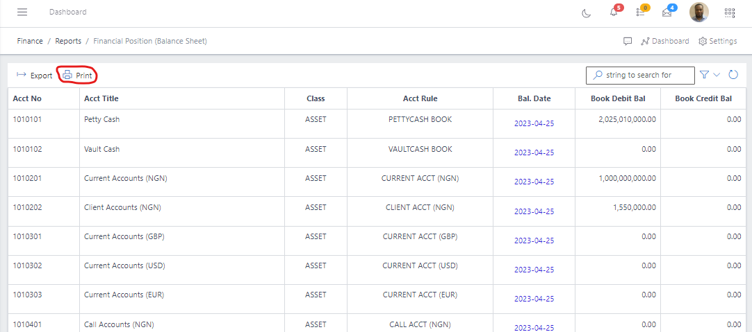 Image showing Financial Position export button