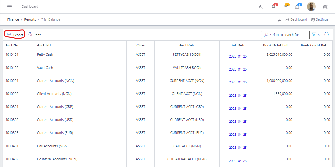 Image showing Trial Balance export button