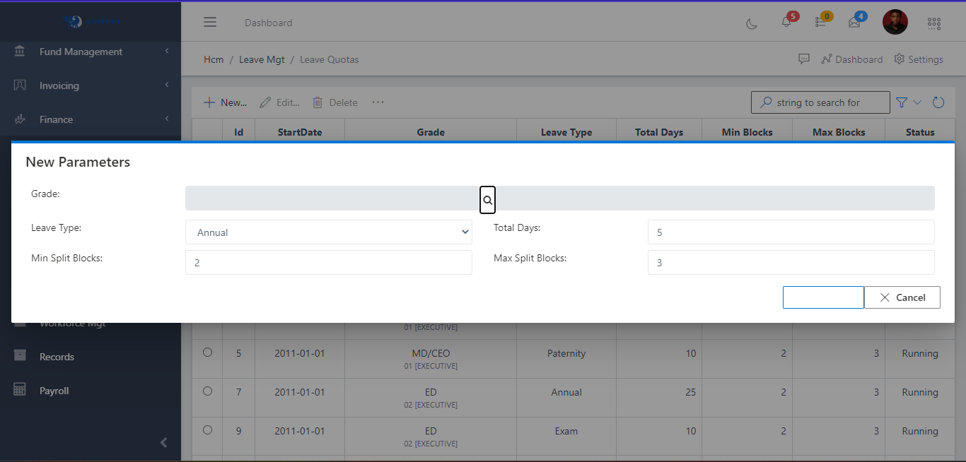 Fig 2 Creating New Leave Quota
