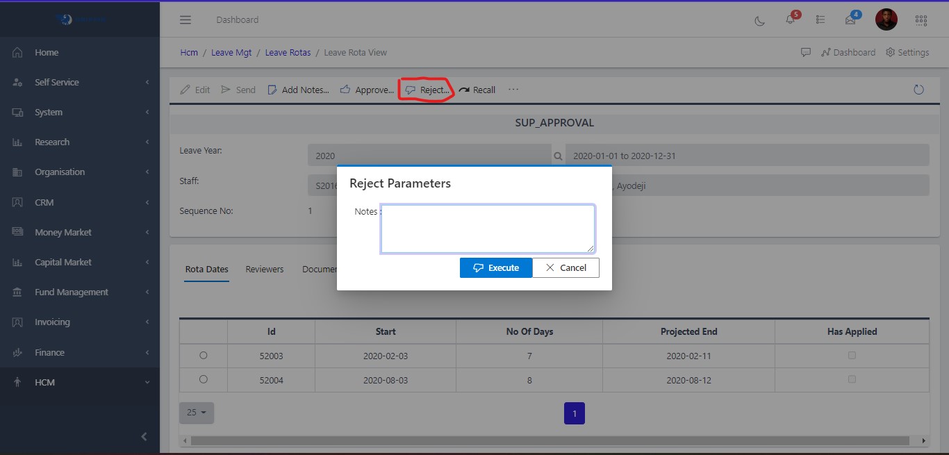 Fig 3 Reject Rota Submissions