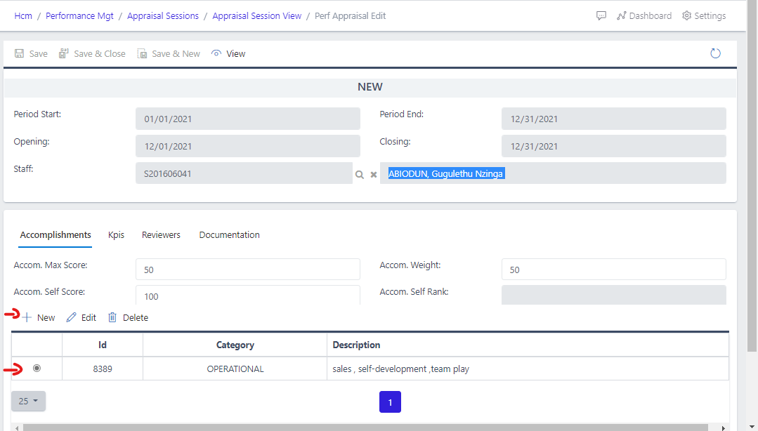 Fig 7.	Showing how to add accomplishment from the edit page