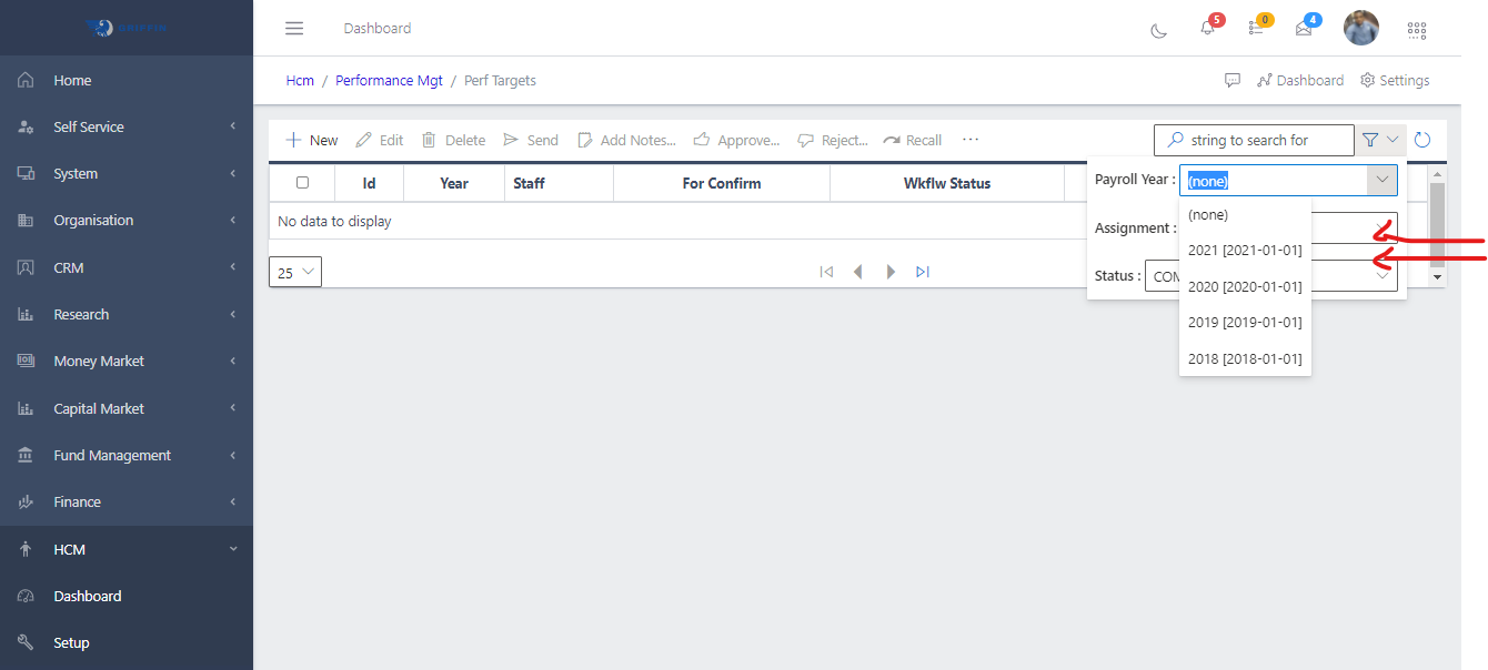 Fig 3a.	Filter selection showing the Payroll Year and Status of the Target