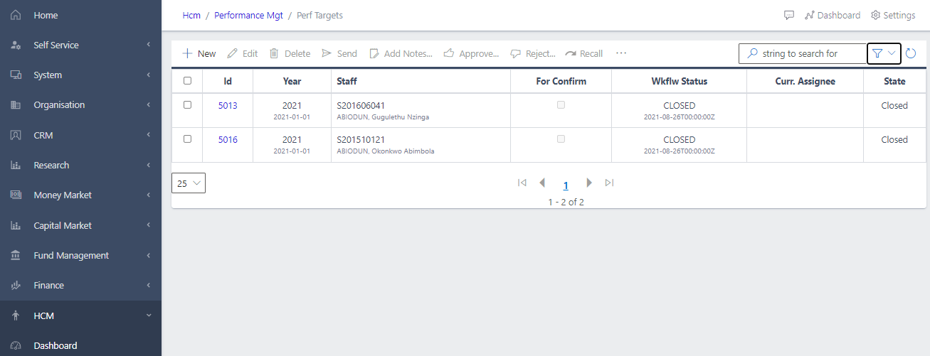 Fig 4. Performance target list view