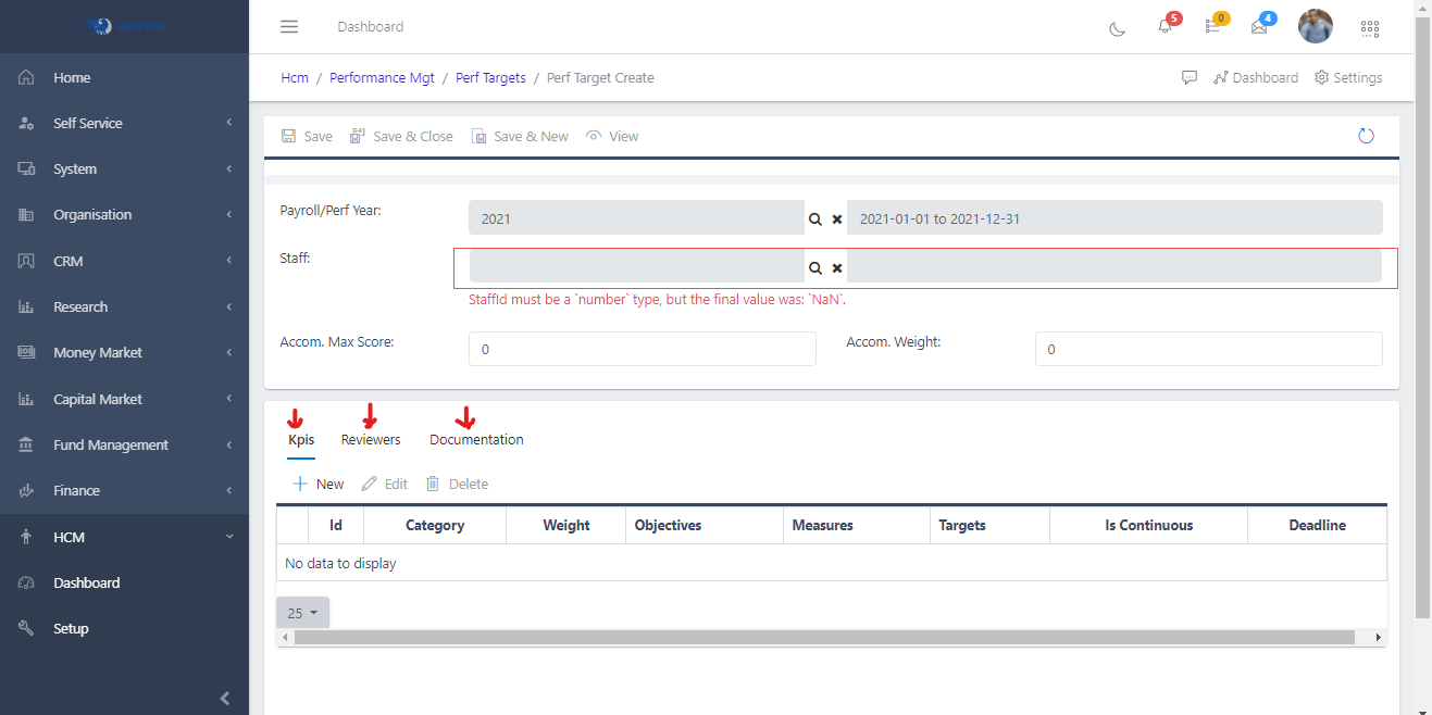 Fig 5. Performance target create page