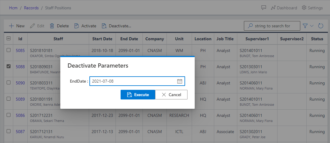 image Showing the Deactivate parameter screen