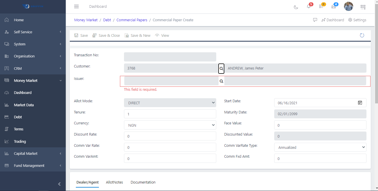 commercial paper create page view