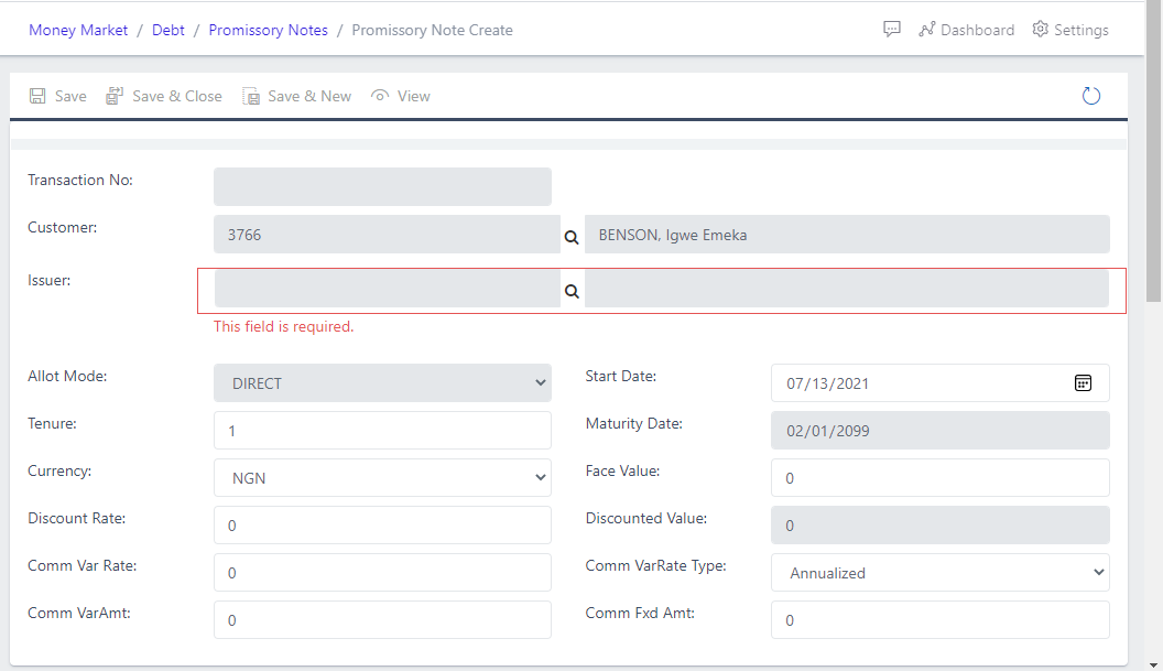 promissory note create page view