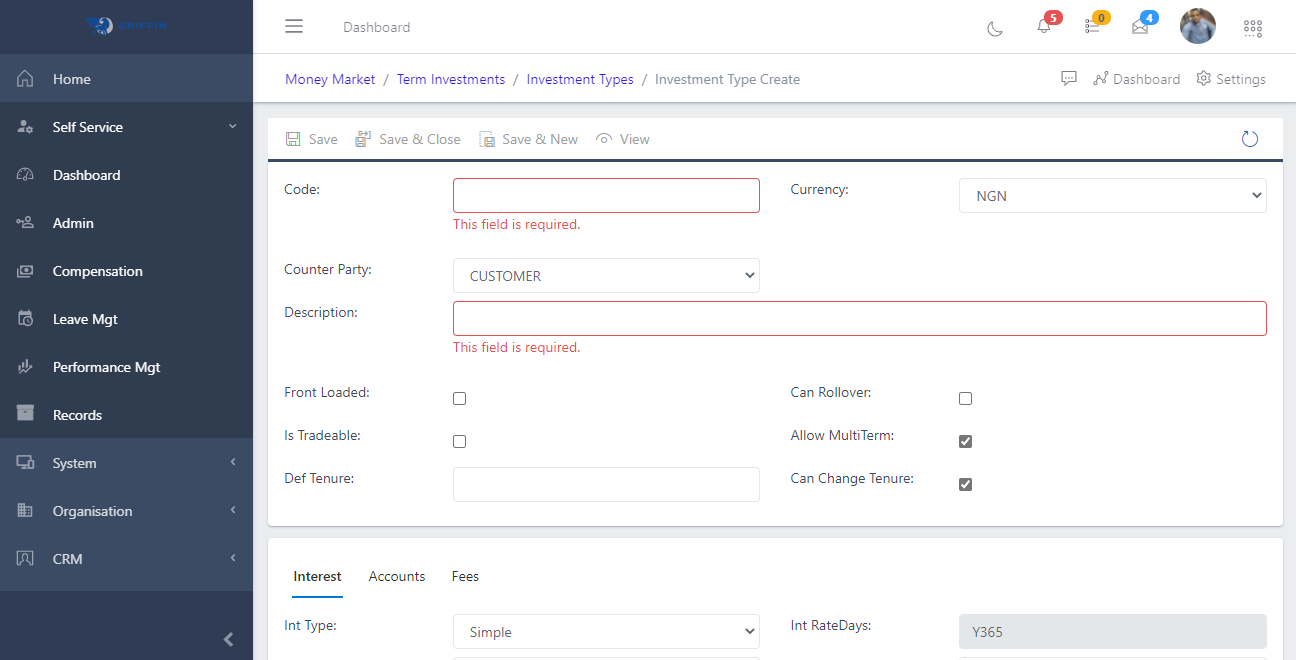 Investment Types Create page.