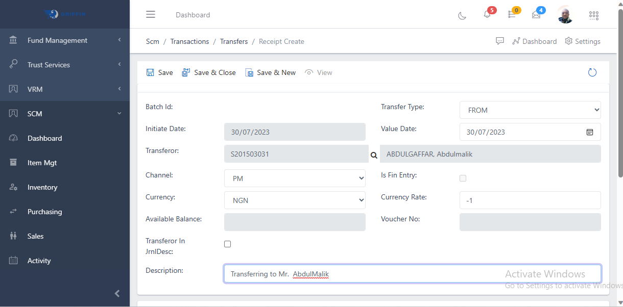 Fig 1.o Transactions Transfer Entries