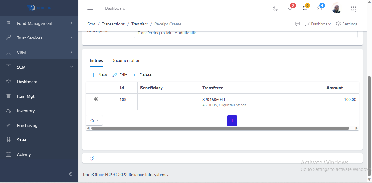 Fig 1.o Transactions Transfer Entries