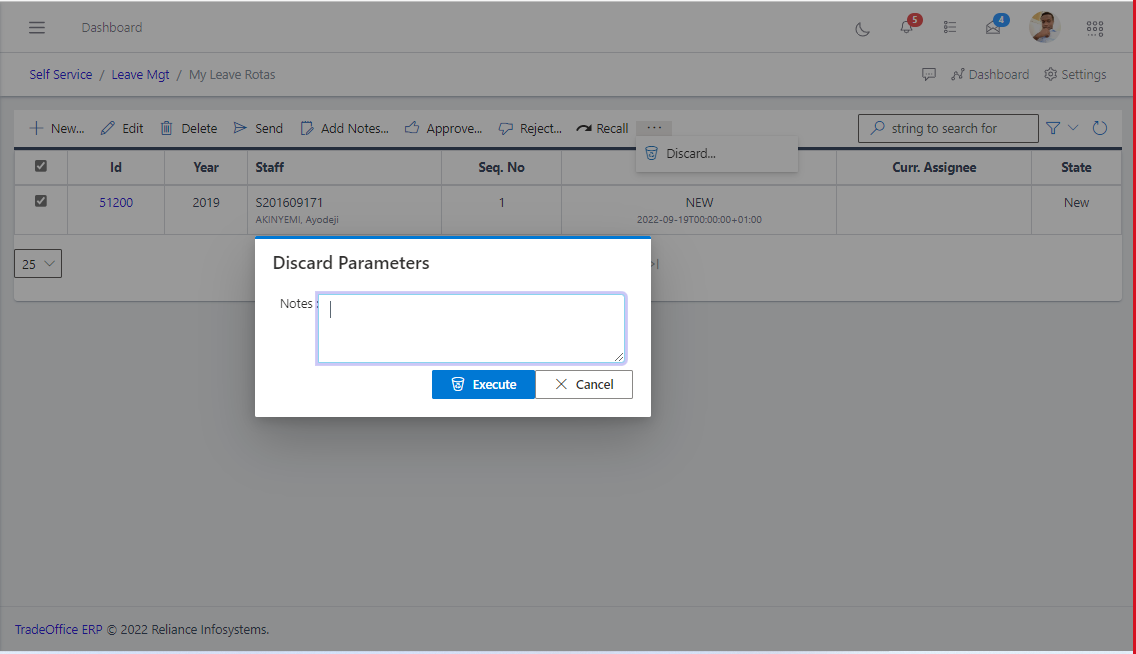 Fig 2.8.2 Discard Note