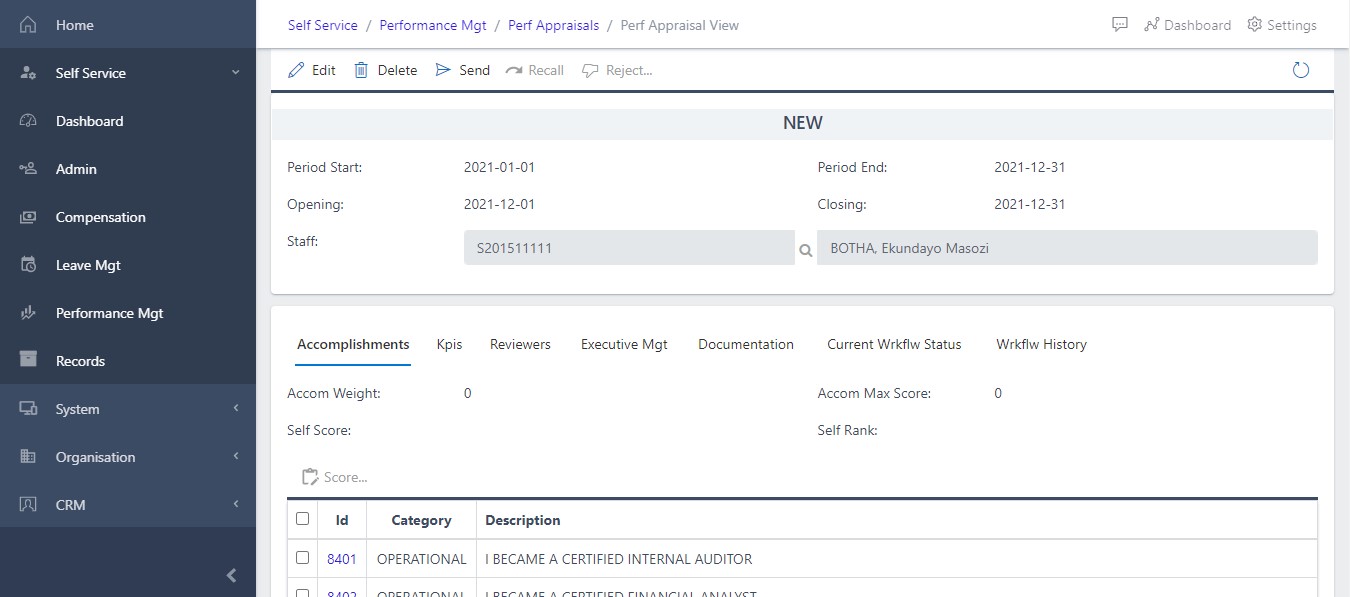 image Showing Perf Appraisal view