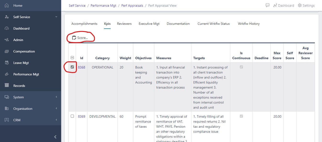 image Scoring and adding comment to individual KPI