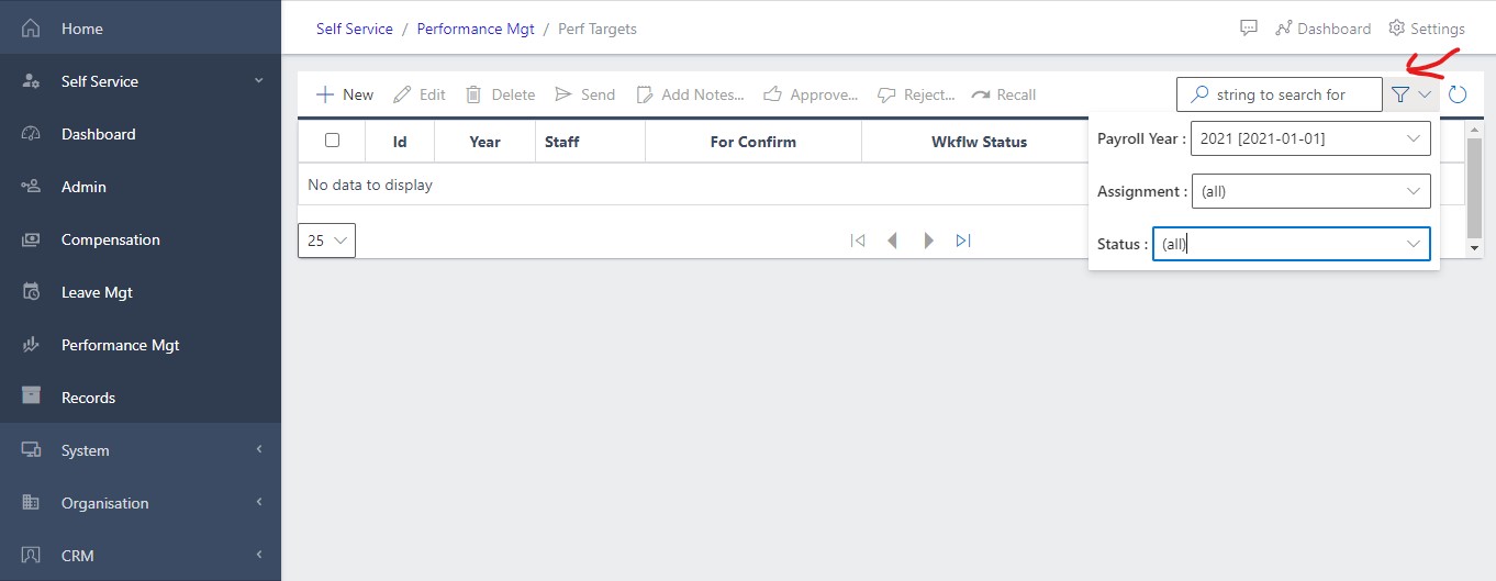 image Showing Filter selection showing the Payroll Year and Status of the Target
