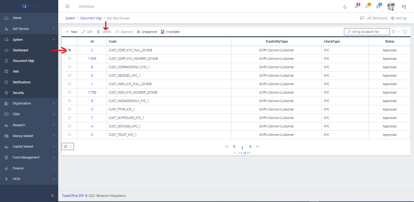Document Requirement Groups Delete