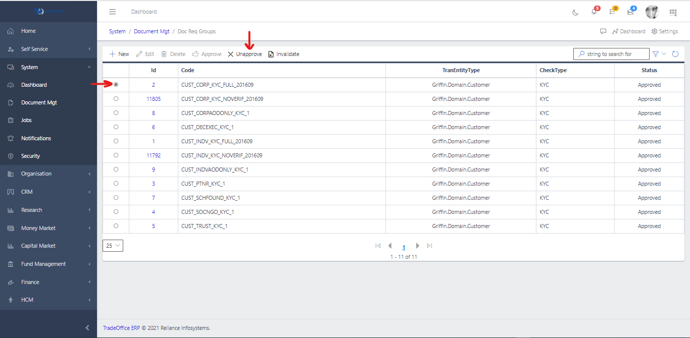Document Requirement Groups Unapprove