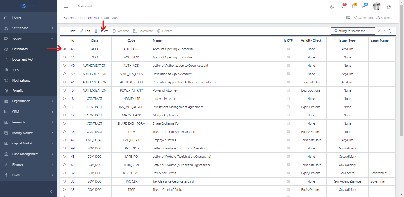 Document Types Delete