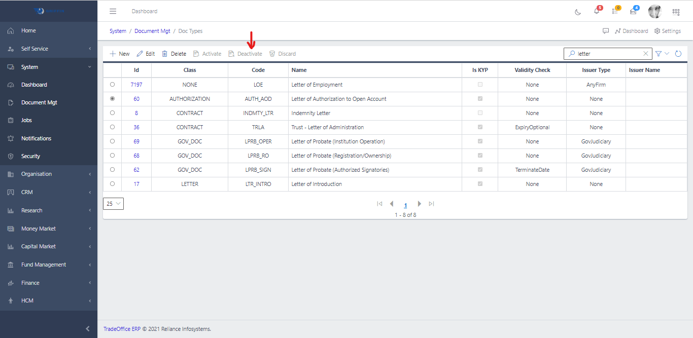 Document Types Deactivate