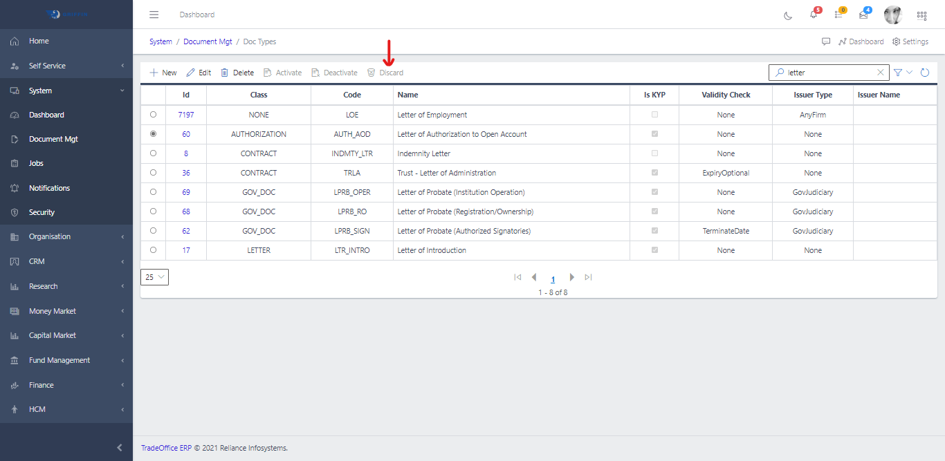 Document Types Discard