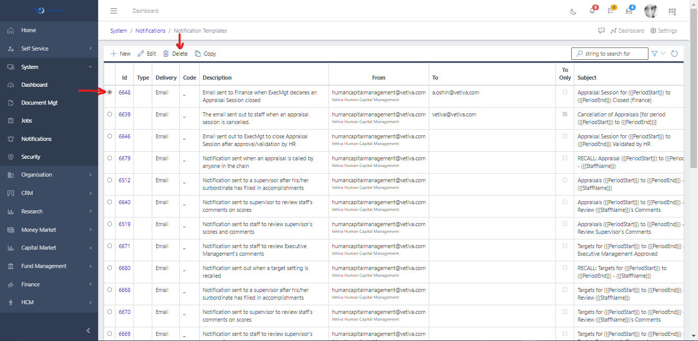 Notification Template Delete
