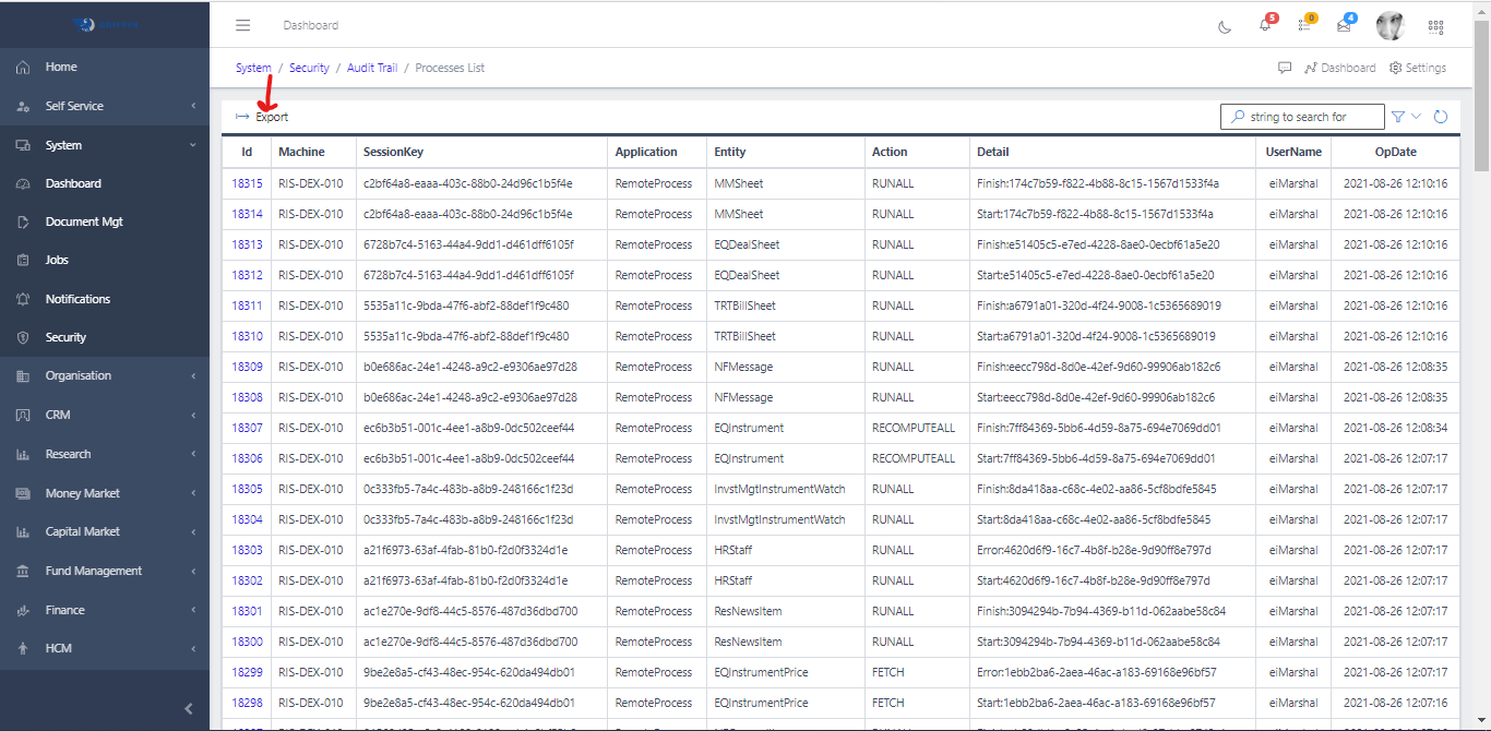 Audit Trail Export Processes