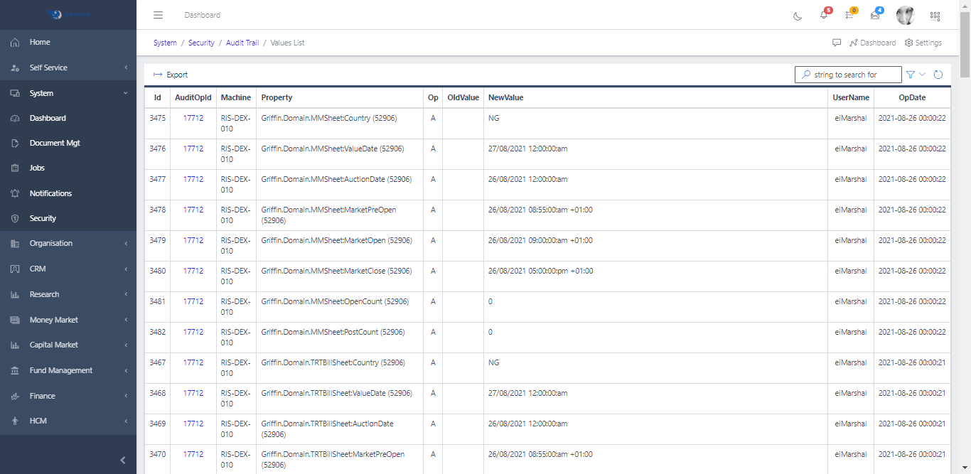 Audit Trail Values List