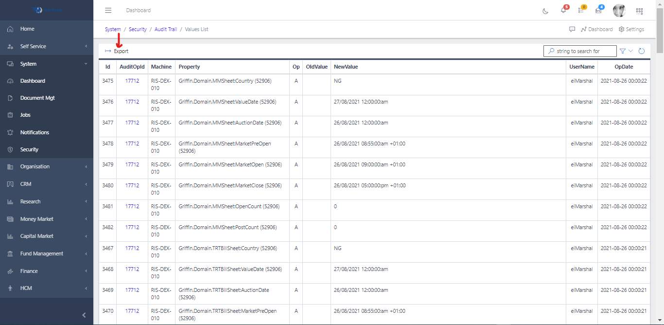 Audit Trail Export Values