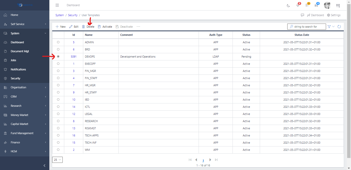 User Template Delete
