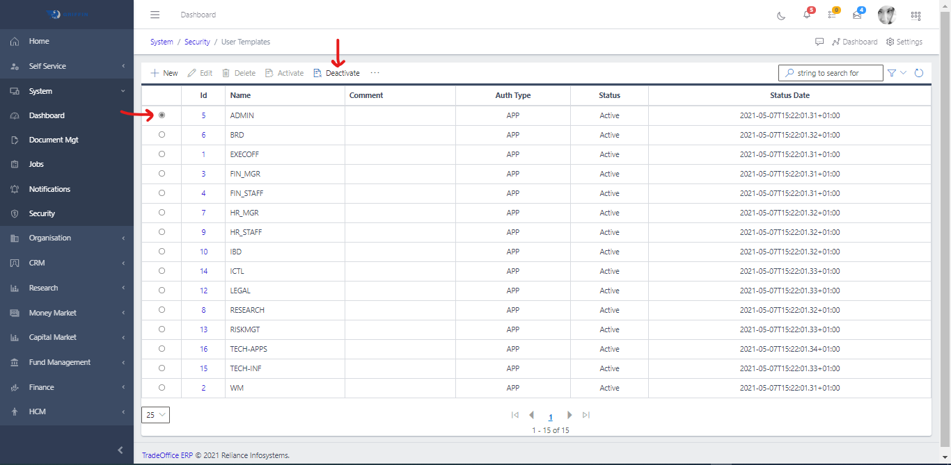 User Template Deactivate