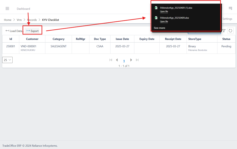 kyv checklist export button and download view